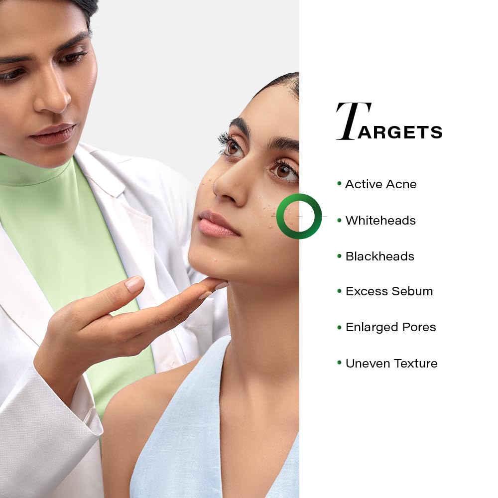 Doctor examining a patient's face with a list of skincare targets on the right.