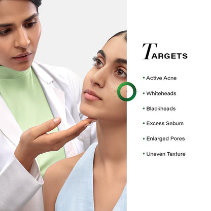 Doctor examining a patient's face with a list of skincare targets on the right.