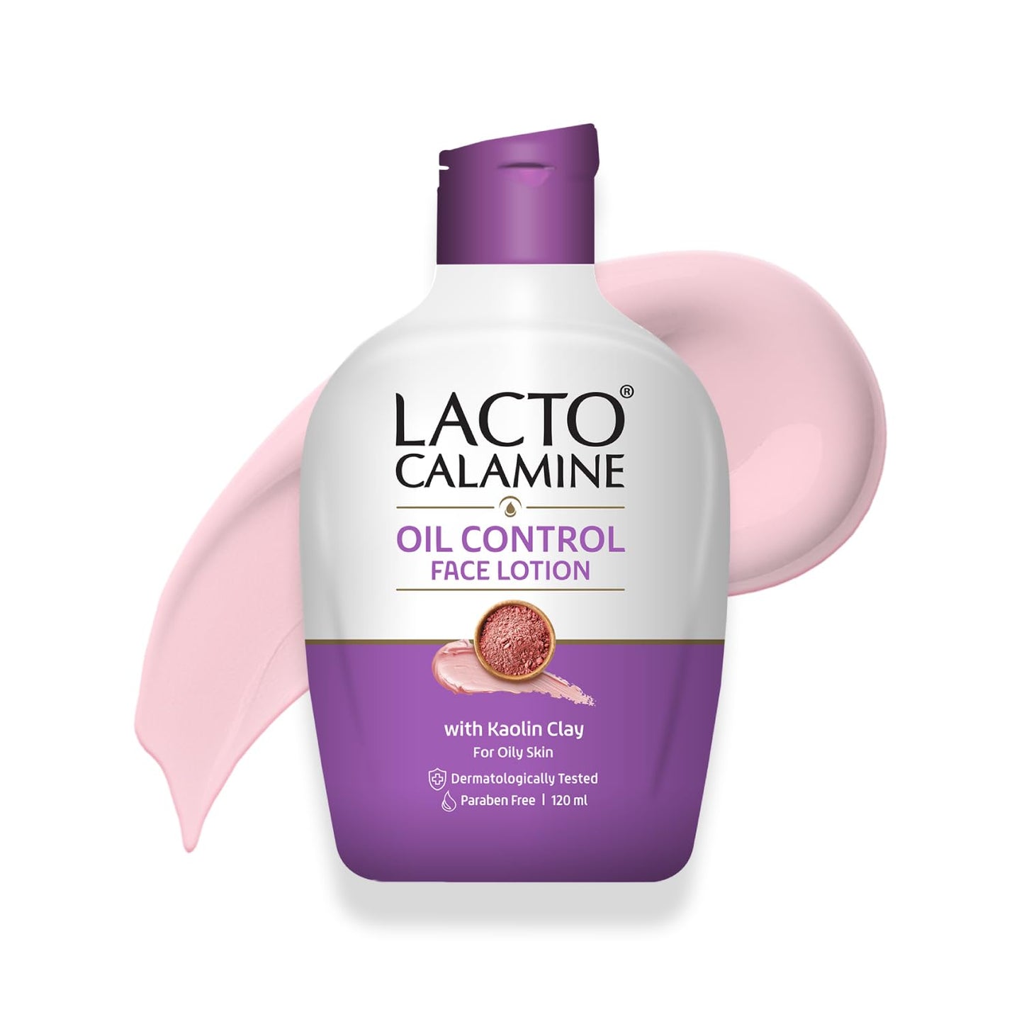 Lacto Calamine oil control face lotion bottle with pink smear on a white background