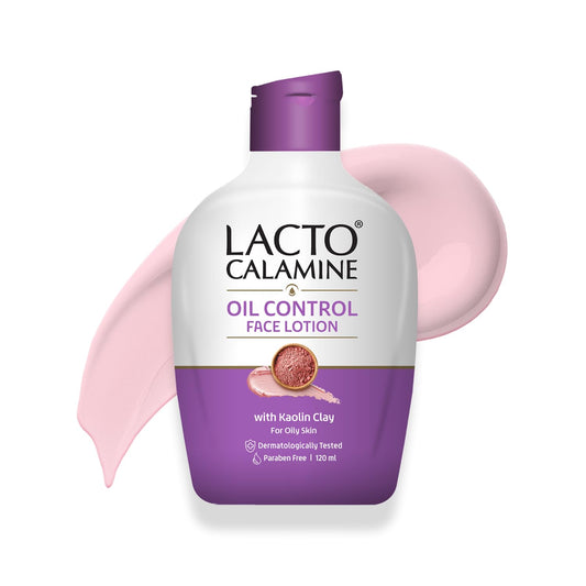 Lacto Calamine oil control face lotion bottle with pink smear on a white background