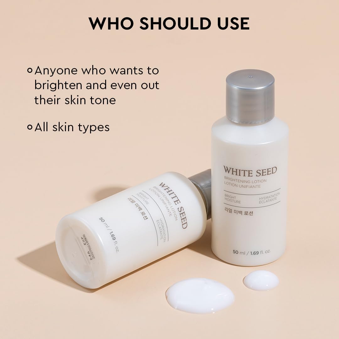 Two bottles of White Seed skincare product on a beige background with text about who should use it.
