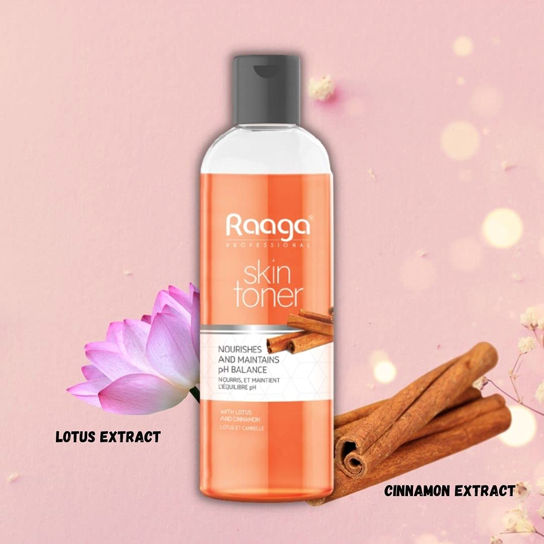 Raaga skin toner bottle with lotus and cinnamon extract on a pink background