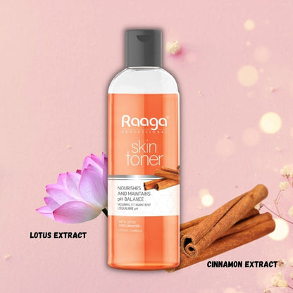 Raaga skin toner bottle with lotus and cinnamon extract on a pink background