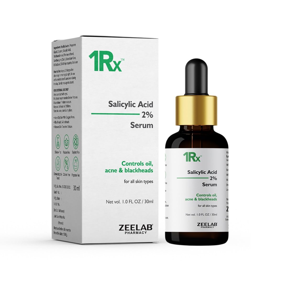 Zeelab 1RX Salicylic Acid 2% Face Serum 30ml | Acne & Pimple Control Serum | Unclogs Pores, Removes Blackheads & Whiteheads | Oil Control & Gentle Exfoliation for Oily & Acne-Prone Skin