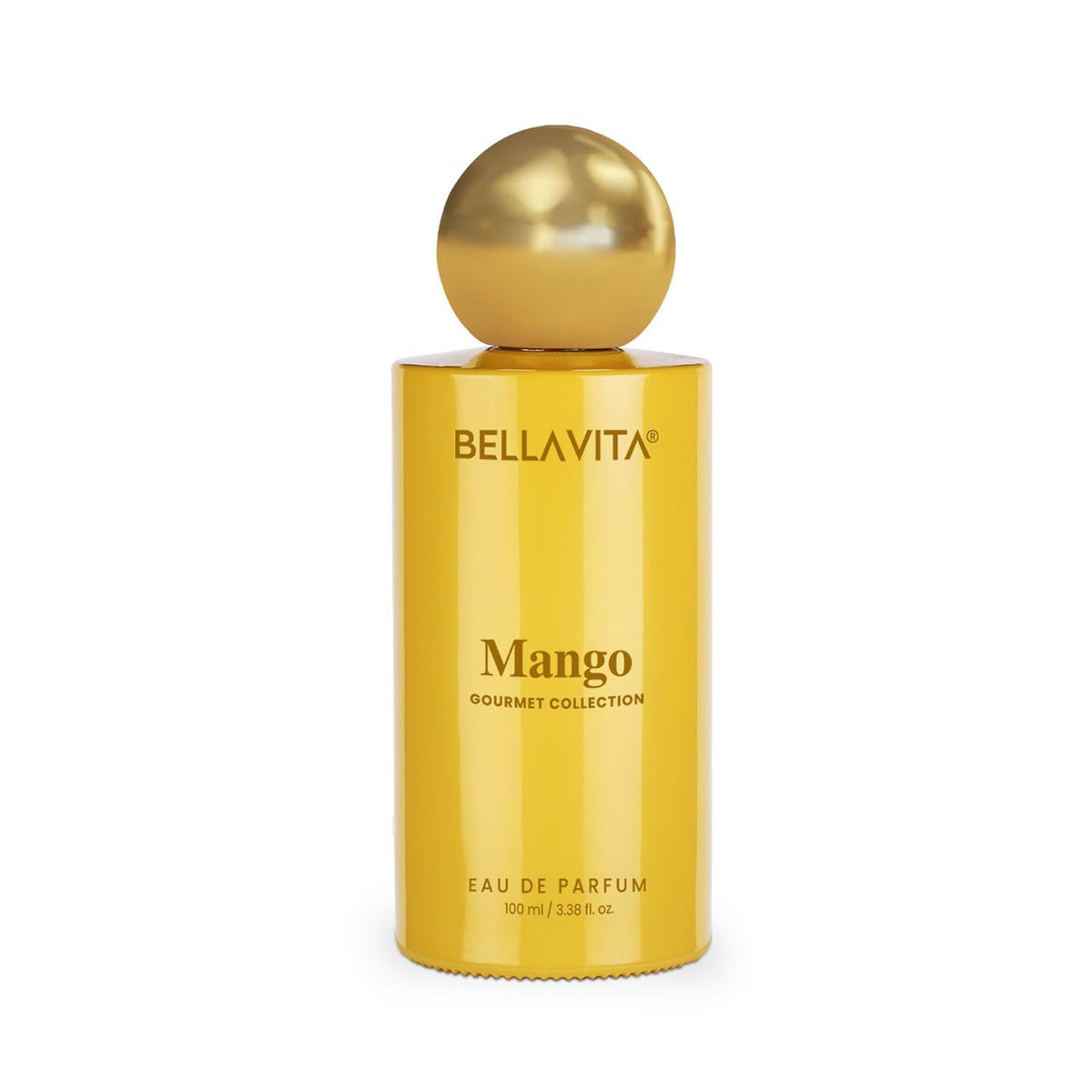 Yellow perfume bottle with gold cap labeled 'Bellavita Mango' on a white background