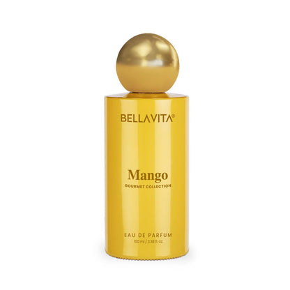 Yellow perfume bottle with gold cap labeled 'Bellavita Mango' on a white background