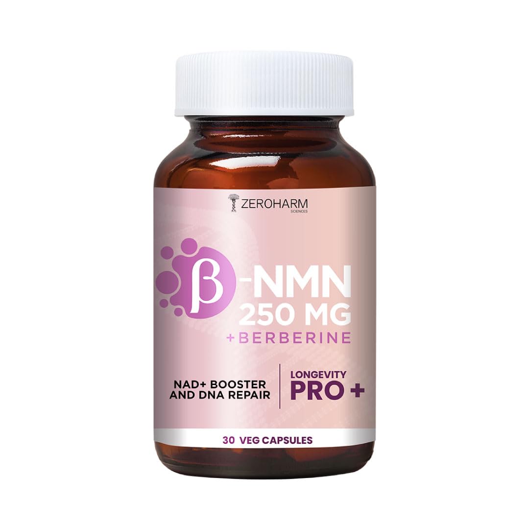 ZEROHARM NMN 250 MG + Berberine Capsules | Longevity Supplement | 99.5% Pure NMN | Boosts Energy, Focus & Cellular Health | Healthy Ageing | NAD+ Booster | 30 Capsules | For Men & Women