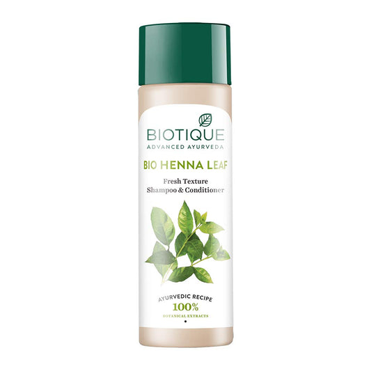 Biotique Bio Henna Leaf shampoo and conditioner bottle on a white background