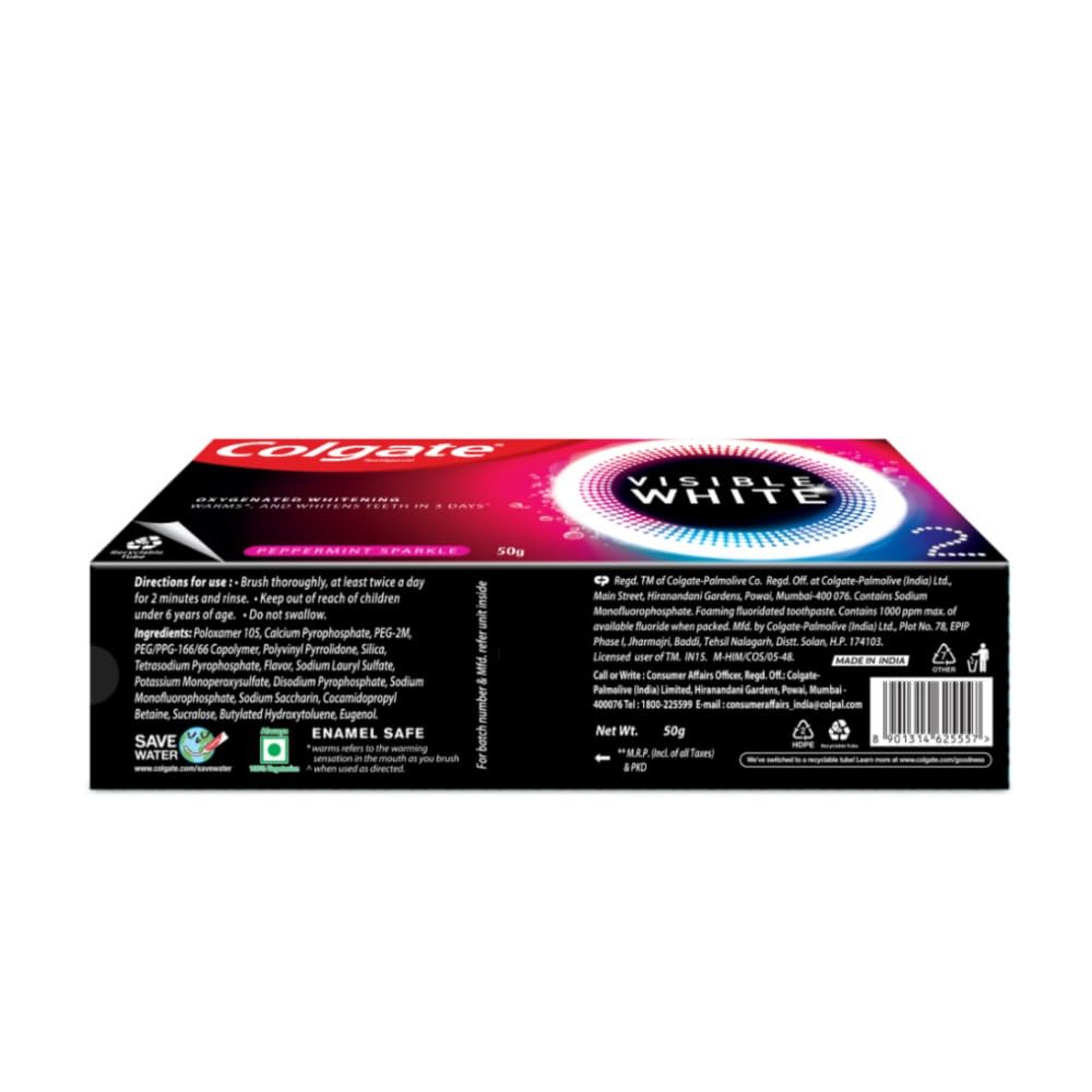 Colgate Visible White O2, Teeth Whitening Toothpaste (50g) for noticeably whiter teeth starting in 3 days. Peppermint Sparkle with Active Technology, Enamel Safe Teeth Whitening (Pack of 2)