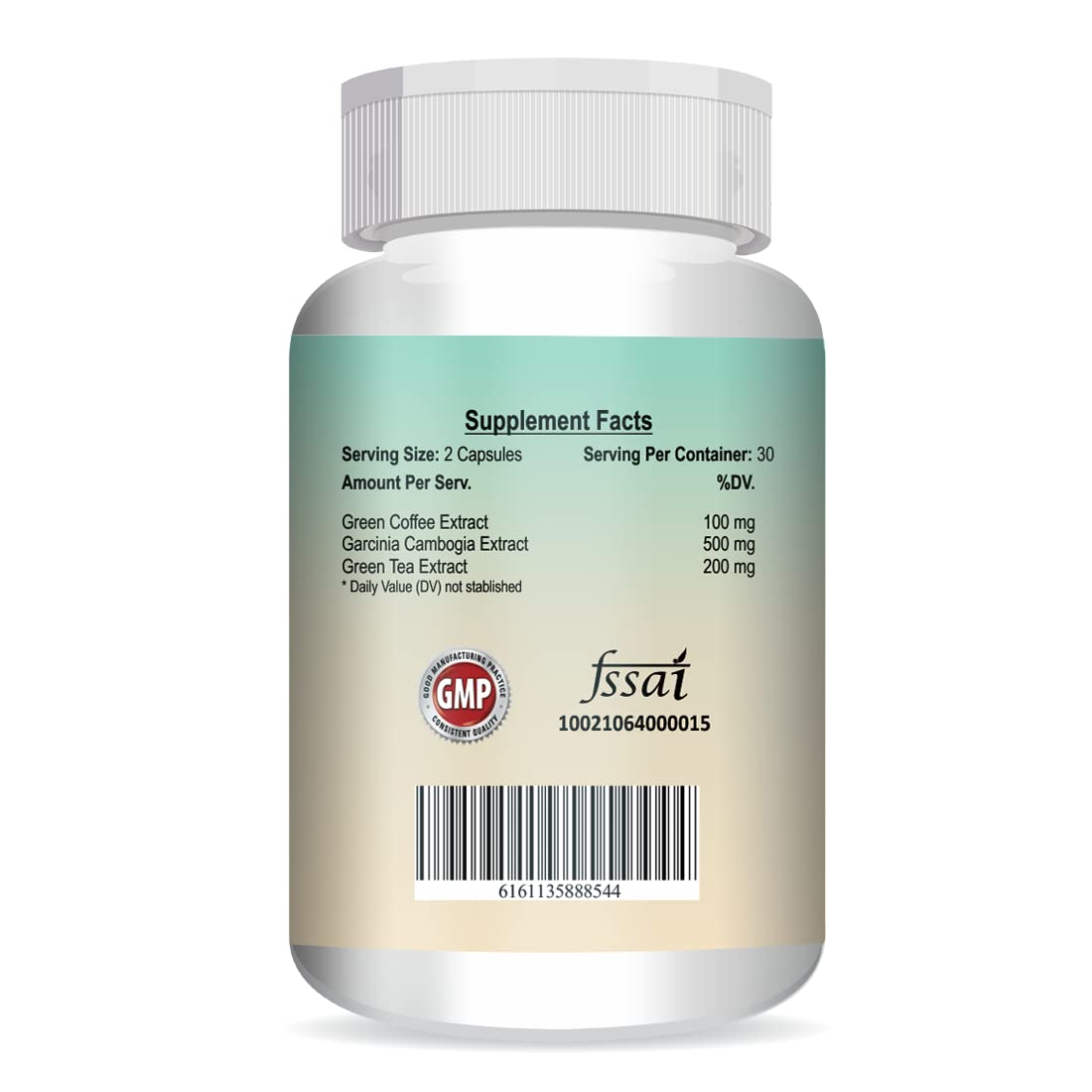 Supplement bottle with label showing 'GMP' and 'fssai' logos on a white background