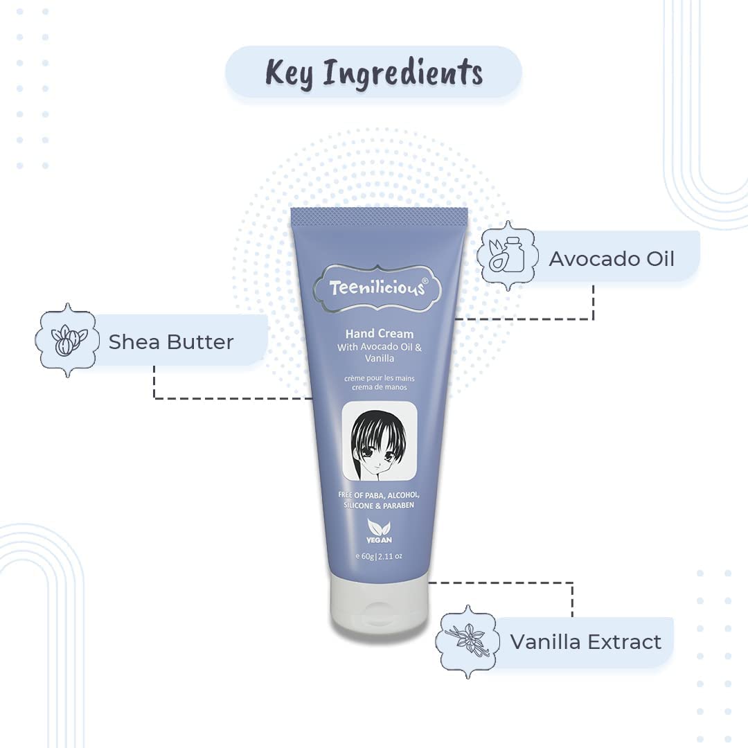 Teenilicious Hand Cream for Women with Avocado Oil & Vanilla | Winter Moisturizing Cream for Dry and Rough Hands | Vegan | Free from Alcohol, Silicones, Paraben & Sulphates | All Skin Type | 60gm