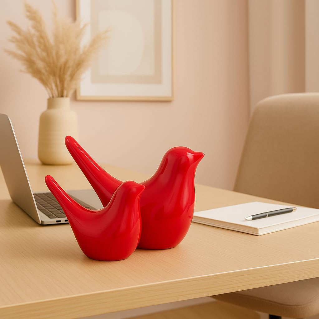 Creative Red Glossy Ceramic Birds Figurines Home Decorations Accessories Party (Pack of 2, RED)