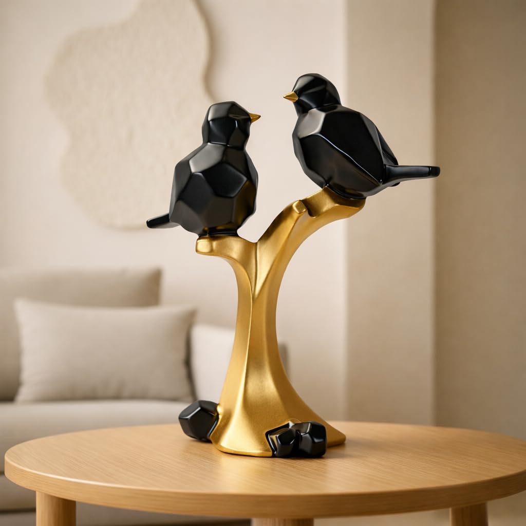 Striking Geometric Bird Pair Sculpture for Home & Office Décor | Modern Black & Gold Perched Birds Showpiece for Living Room, Shelf & Table Styling (22 cm)