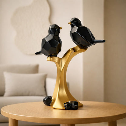 Striking Geometric Bird Pair Sculpture for Home & Office Décor | Modern Black & Gold Perched Birds Showpiece for Living Room, Shelf & Table Styling (22 cm)