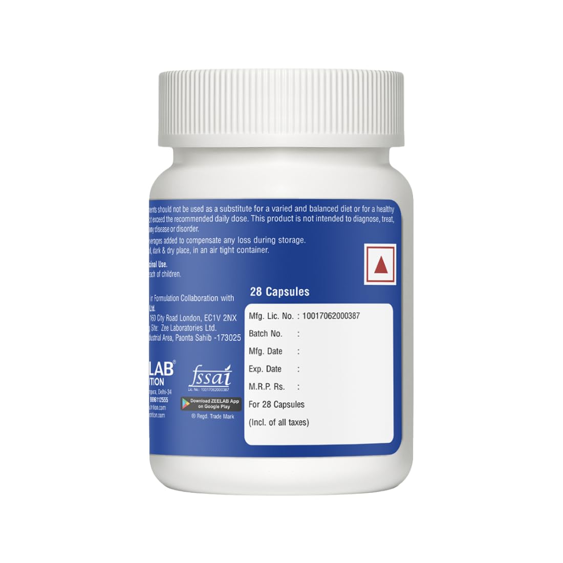 White supplement bottle with blue label on a white background