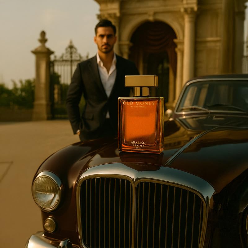 Man in a suit standing behind a vintage car with a perfume bottle on it, set against an architectural background.