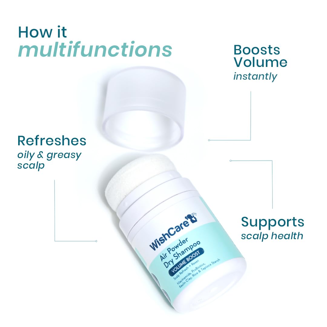 WishCare Air Powder Dry Shampoo with text highlighting its multifunctional benefits on a white background.