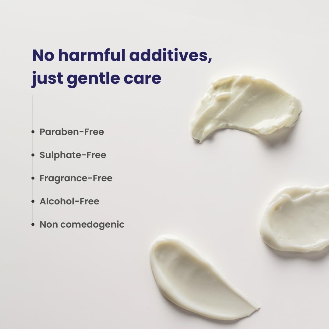 Product with text highlighting 'No harmful additives, just gentle care' on a white background