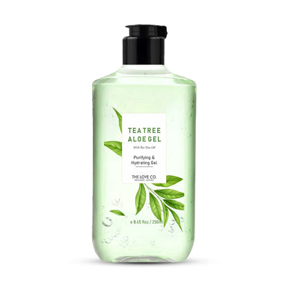 Tea tree aloe gel bottle with green label on a white background