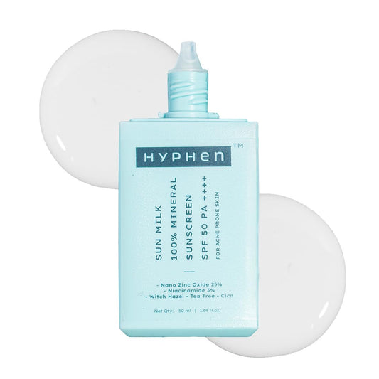 Hyphen sun milk bottle with a white cap on a light gray background