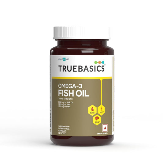 TrueBasics Omega-3 Fish Oil bottle on a white background
