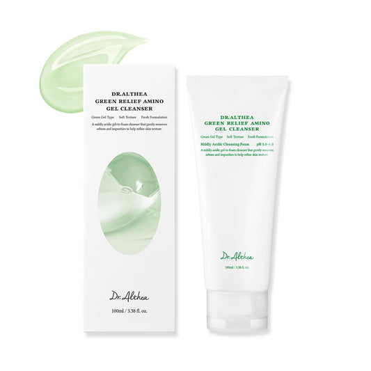 Dr. Althea Green Relief Amino Gel Cleanser with packaging on a white background