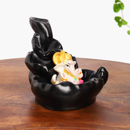 Black Ganesha Idol Waterfall Statue with 8 Incense Smoke Back Flow Fountain Cone Incense Holder | for Table, Living Room, Home Decorative Item