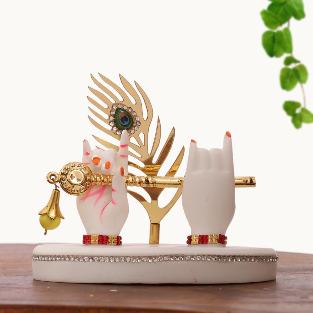 Resin Radha Krishna Idol Hands with Golden Flute & Peacock Feather | for Table, Home D�cor Item