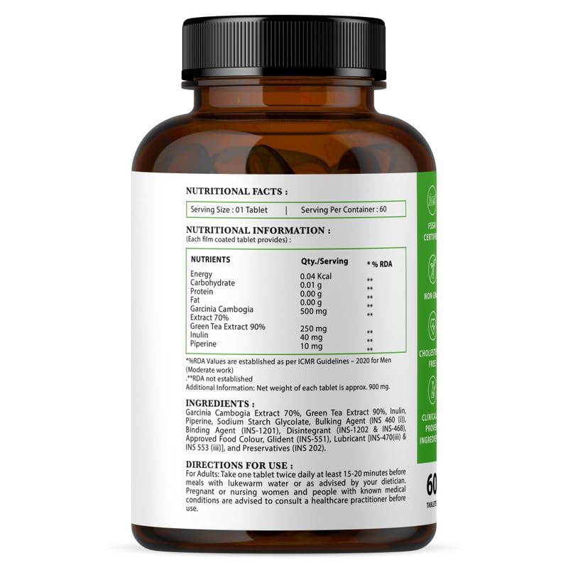 Nirvasa Garcinia Cambogia Tablets (800mg) with Green Tea | 70% HCA Weight Management Suppliment for Men & Women | 60 Tablets