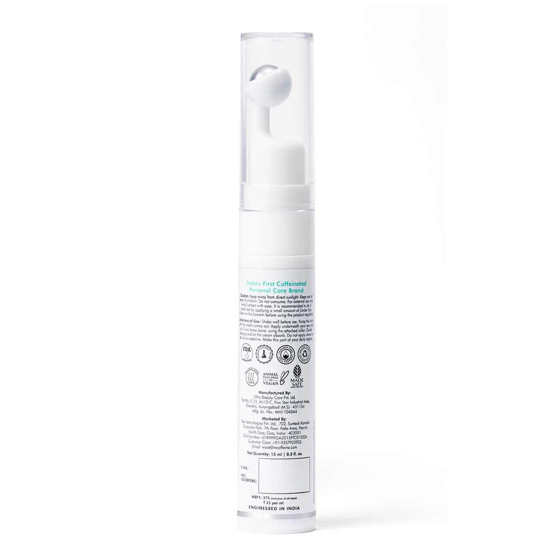 White skincare bottle with text on a white background