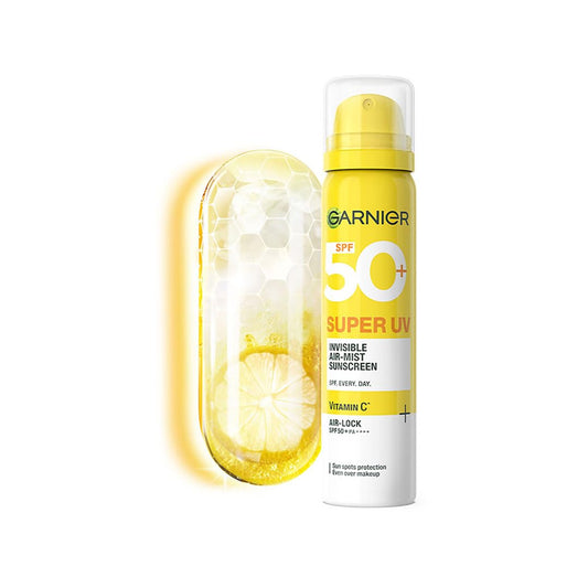 Garnier Super UV sunscreen spray bottle with packaging on a white background