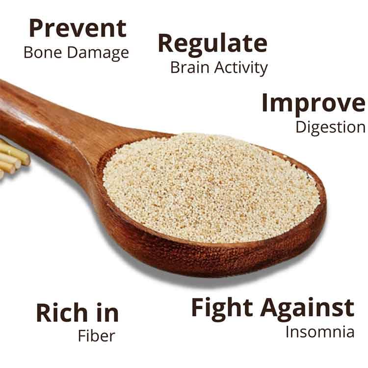 Wooden spoon filled with a powdery substance on a white background with health benefits text.