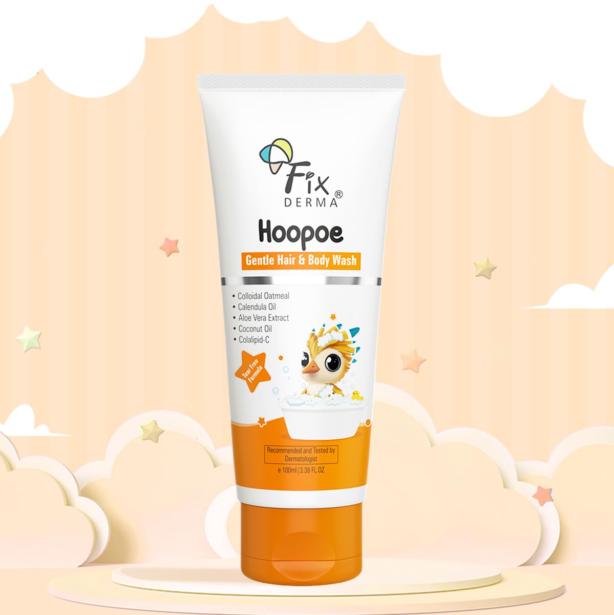 Fixderma Hoopoe Gentle Hair & Body Wash for Kids with Colloidal oatmeal, Aloe Vera Gel Extract, Calendula & Coconut Oil|Top to Toe wash for Baby | Tear Free Formula | Dermatologist Tested (100 Ml)