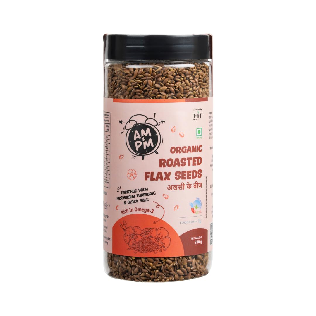 FaithFoods 100% Organic Roasted Flax Seeds 200g | Alsi Seeds | Enriched with Turmeric & Black Salt | Omega-3 Rich | High Fibre | Diabetic Friendly | Weight Management | Superfood Snack