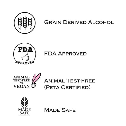 Collection of certification logos including grain derived alcohol, FDA approved, animal test-free, vegan, and made safe on a white background.
