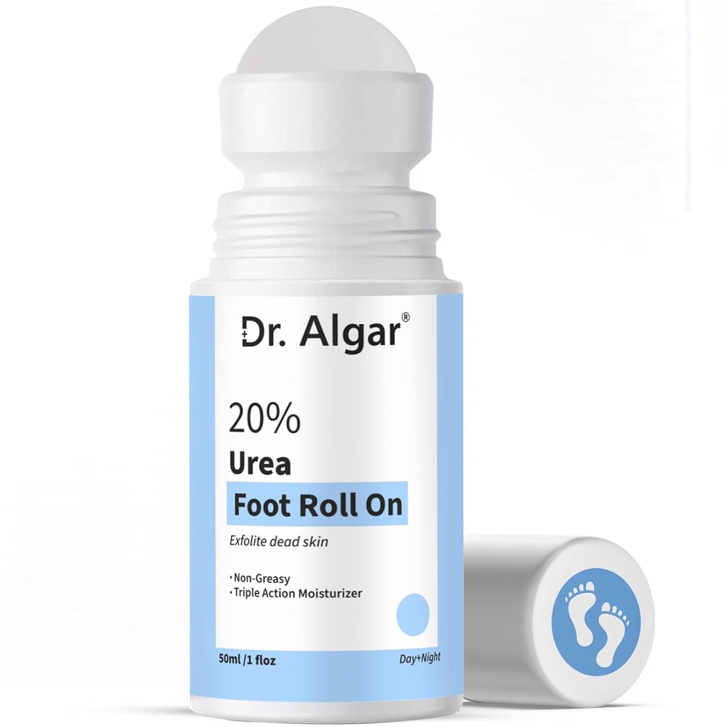 DR.ALGAR 20% Urea Foot Cream Roll On 50ml | 2% Lactic Acid, Olive Oil & Vitamin E | Non-Greasy Triple Action Moisturizer | Best Foot Cream for Cracked Heels | Foot Roll On for Dry & Cracked Feet