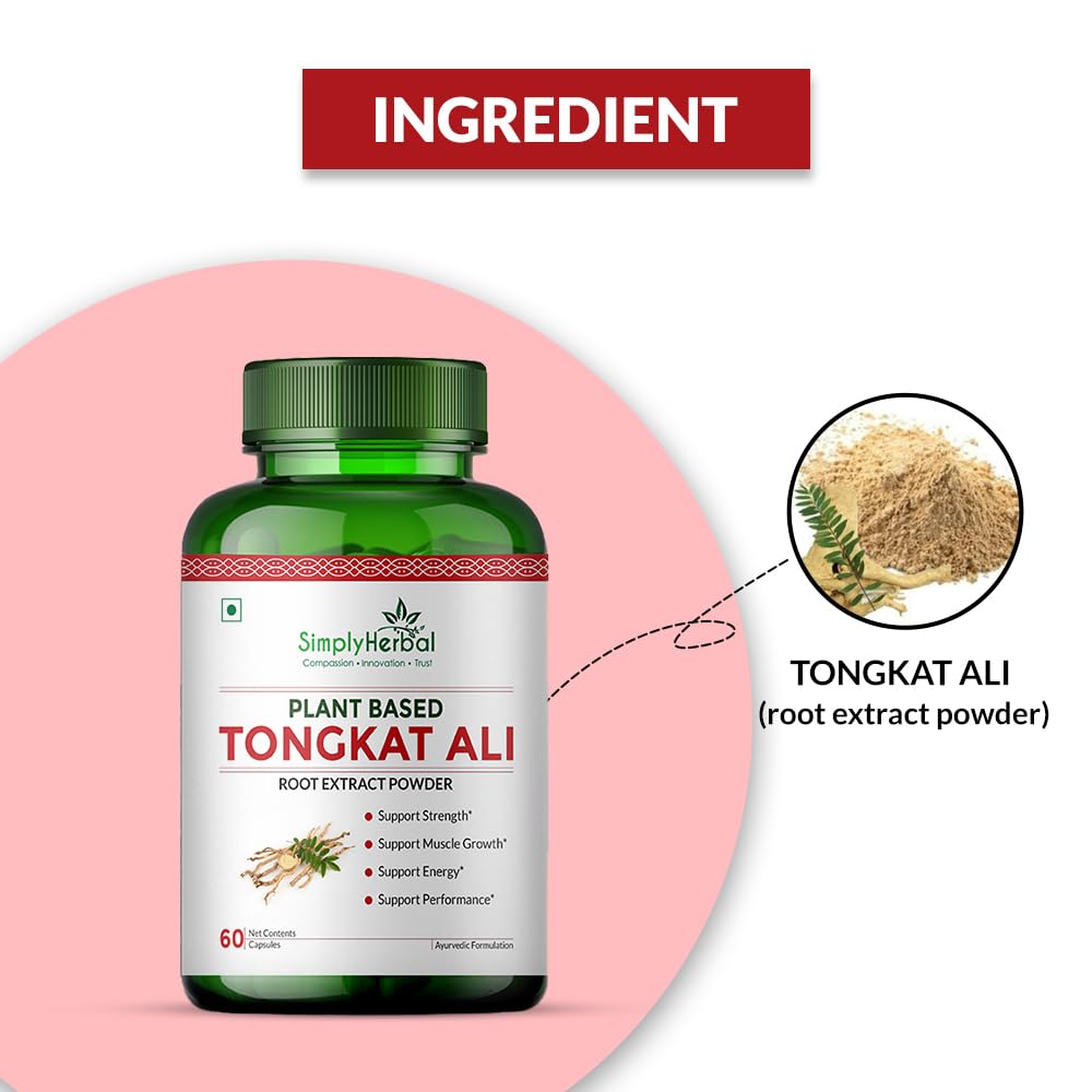 Simply Herbal Tongkat Ali root extract powder 1000mg | Enhanced testosterone level, Stamina and Stress tolerance 60 Veg Capsules