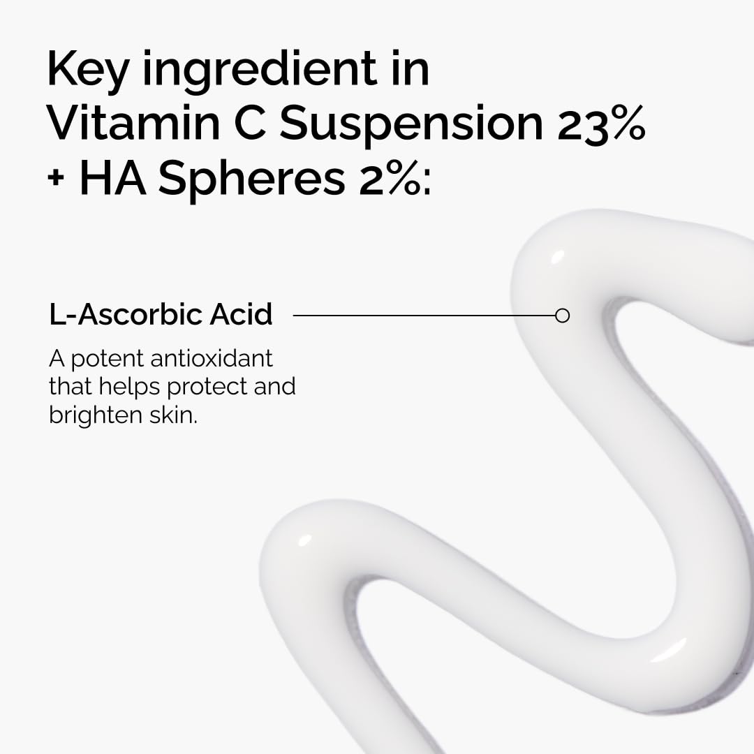 Vitamin C Suspension 23% + HA Spheres 2% with L-Ascorbic Acid labeled on a white background