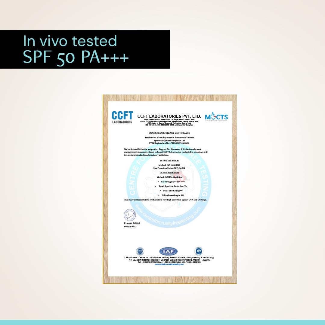 Framed certificate with SPF 50 PA+++ certification on a light background