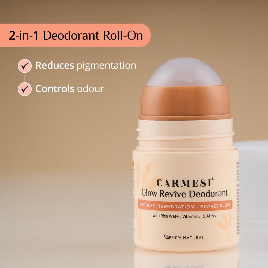 Carmesi Glow Revive Deodorant roll-on with beige background