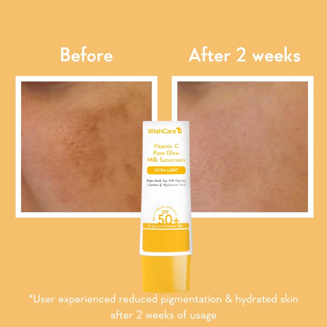 Before and after comparison of skin with a tube of WishCare sunscreen on an orange background