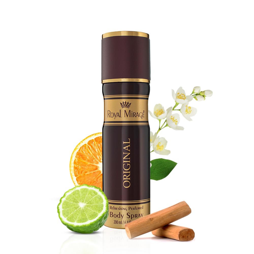 Royal Mirage body spray with orange, lime, and cinnamon elements on a white background