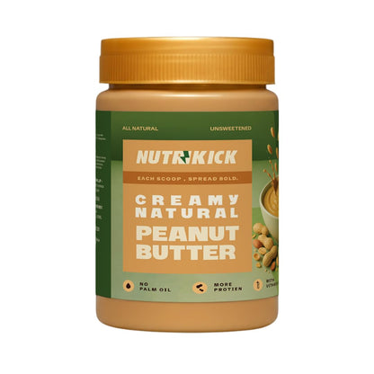 NUTRIKICK Natural Creamy Peanut Butter | 100% Roasted Peanuts | No Added Sugar or Salt | High Protein Vegan Nut Spread| Zero Trans Fat & Non-GMO | Perfect for Keto, Gym & Weight Loss