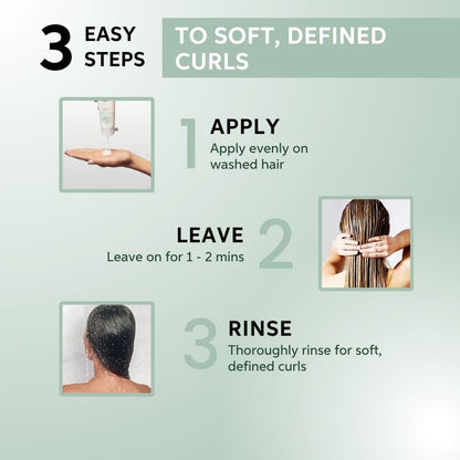 Instructions for applying a hair product to achieve soft, defined curls with step-by-step illustrations.