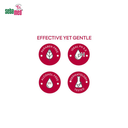Sebamed product features on a white background