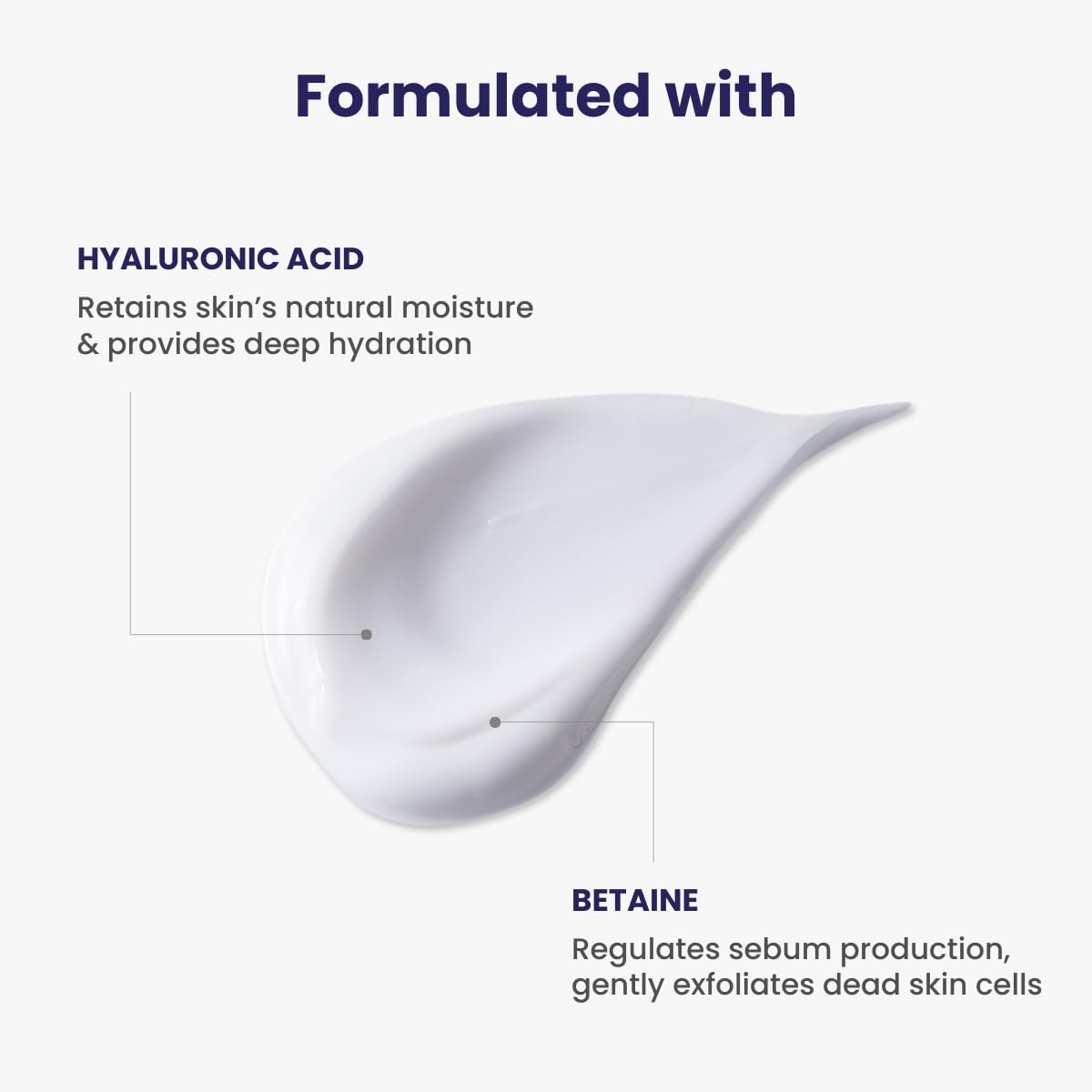 Skincare product with hyaluronic acid and betaine text on a white background