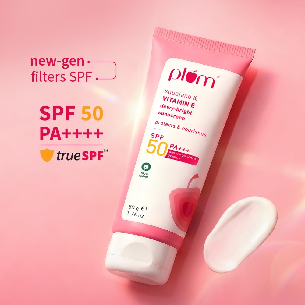 Plum Squalane&Vitamin E Dewy-Bright Sunscreen Spf 50 Pa+++|No White Cast,Lightweight,Non-Sticky|All Skin Types|Sunscreen For Women&Men|100% Vegan|50 G