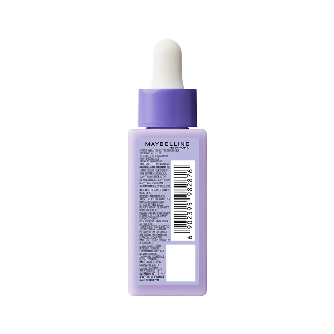 Maybelline New York Shine Stopper Primer | 3-in-1 Serum Primer for Oily Skin to Prime, Mattify, Hydrate with LHA & Salicylic Acid