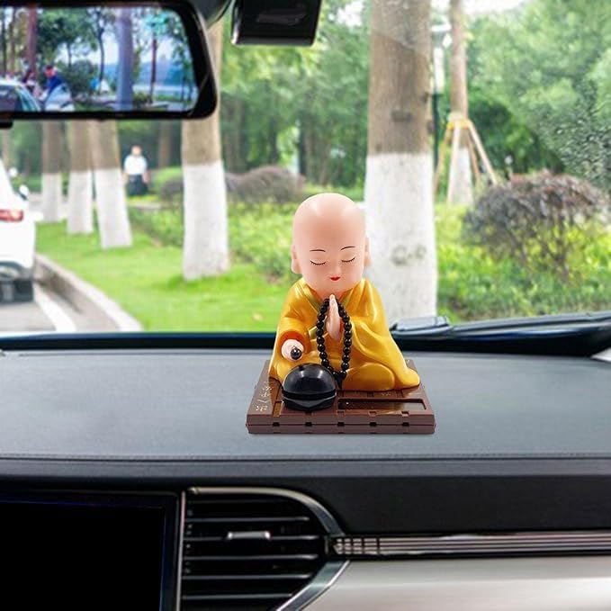 Big Solar Powered Sitting Buddha Statue - Shaking Head Buddha Monk Statue for Car Dashboard, Home & Office Desktop, Health Wealth & Prosperity, Peaceful Meditation Ornament (1Pc - Yellow)