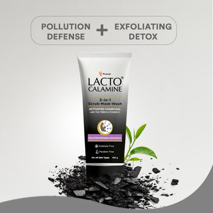 Lacto Calamine 3-in-1 Charcoal Face Scrub-Mask-Wash for Pollution Defence | 100 ml x 1 | Multi-action Encapsulated Charcoal Face Wash, Face Scrub, Face Mask with Kaolin Clay, Tea Tree Oil & Vitamin E
